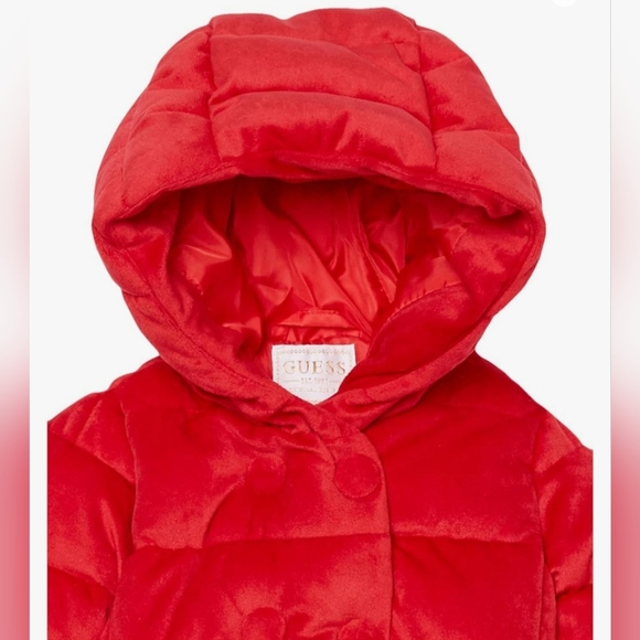 Baby Girl "GUESS" Stretch Velvet Hooded Quilted Puffer Jacket- Necessary… - Picture 2 of 2
